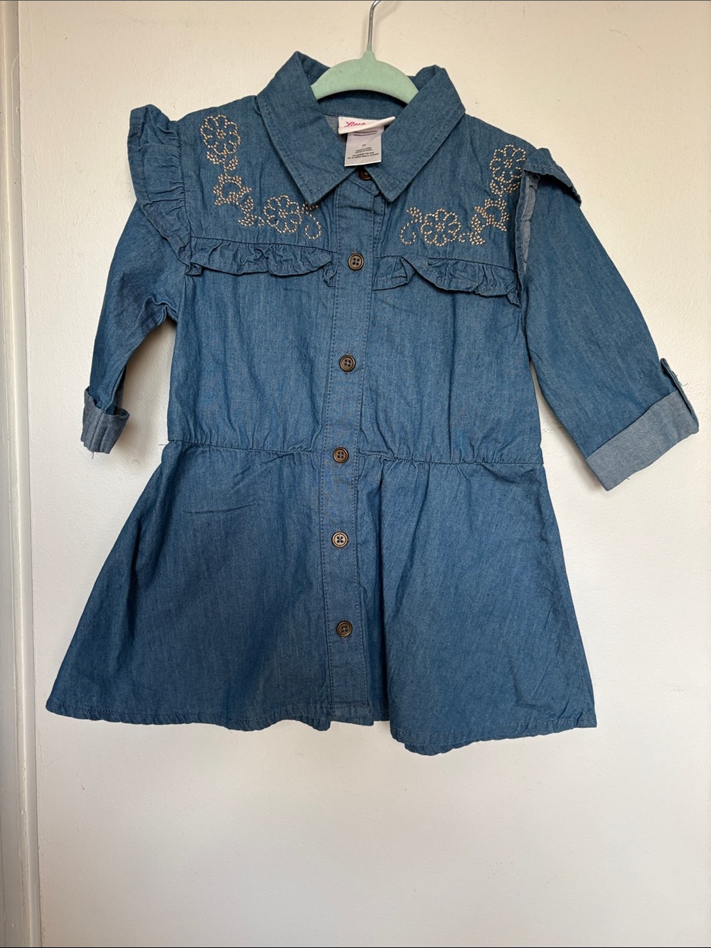 Little Lass Denim Blue Shirt-Dress with Floral Stitching